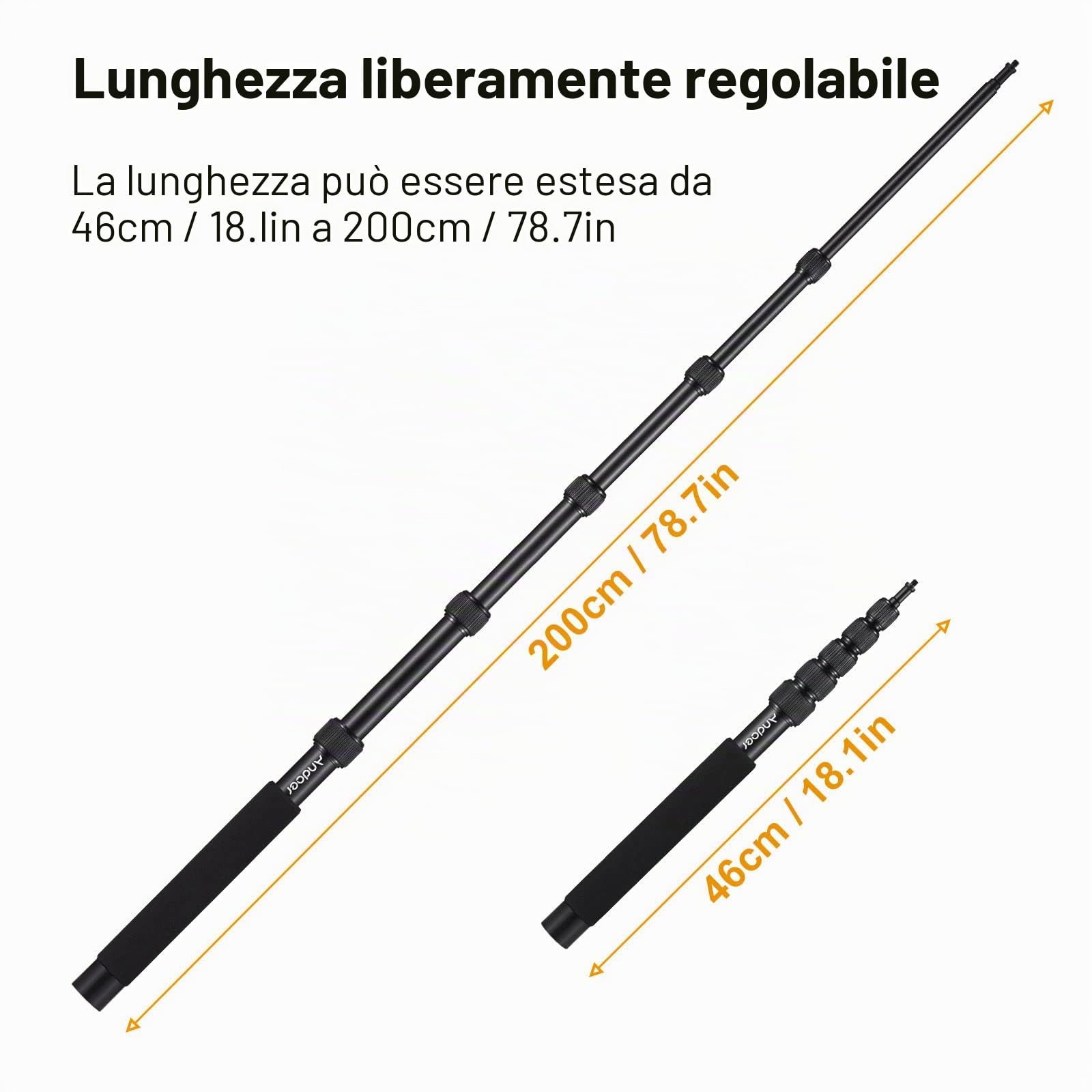 Andoer Braccio microfono a mano braccio microfono allungabile a 6 sezioni in lega di alluminio asta per microfoni viti e filettatura 1/4 pollici con serrature in schiuma Twist Locks lunghezza