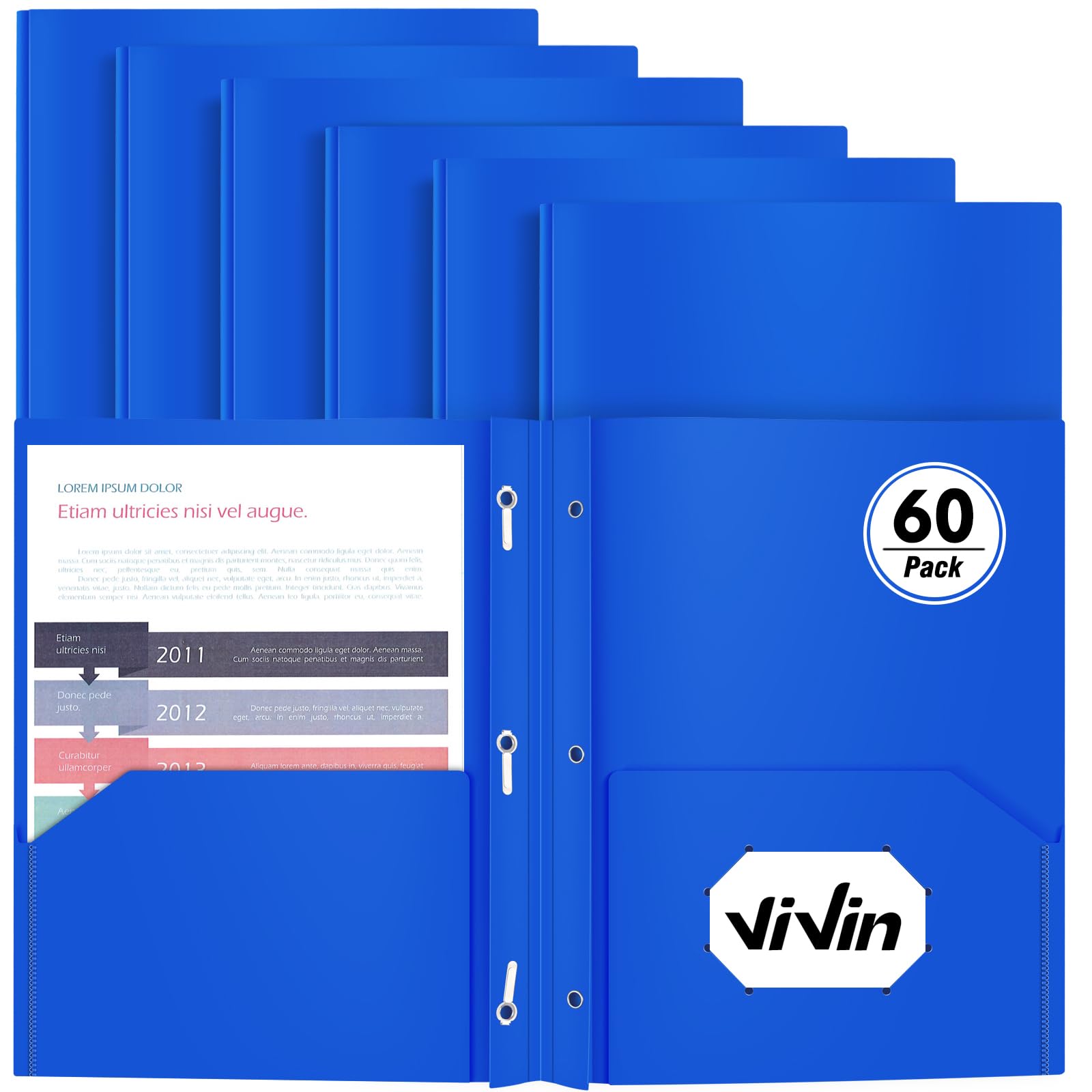 Robuste Kunststoff-Ordner, 60 Stück, Taschenordner mit Heftklammern, Briefform, Poly-Ordner mit 3 Zinkenverschlüssen, Blau