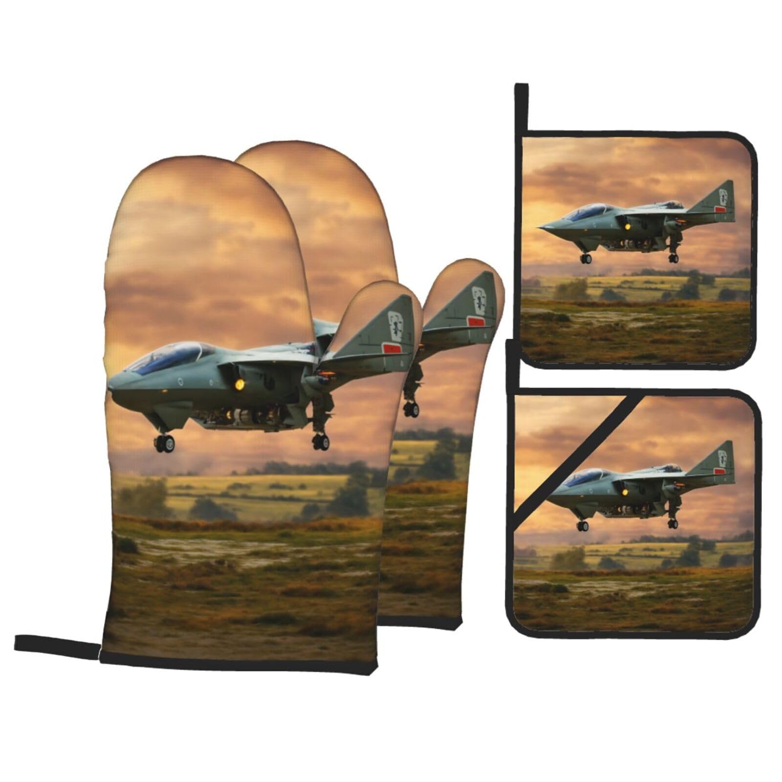 Aircraft Fighter Jets Print Oven Microwaving Waterproof Kitchen Gloves for Baking Grilling Holiday Cooking