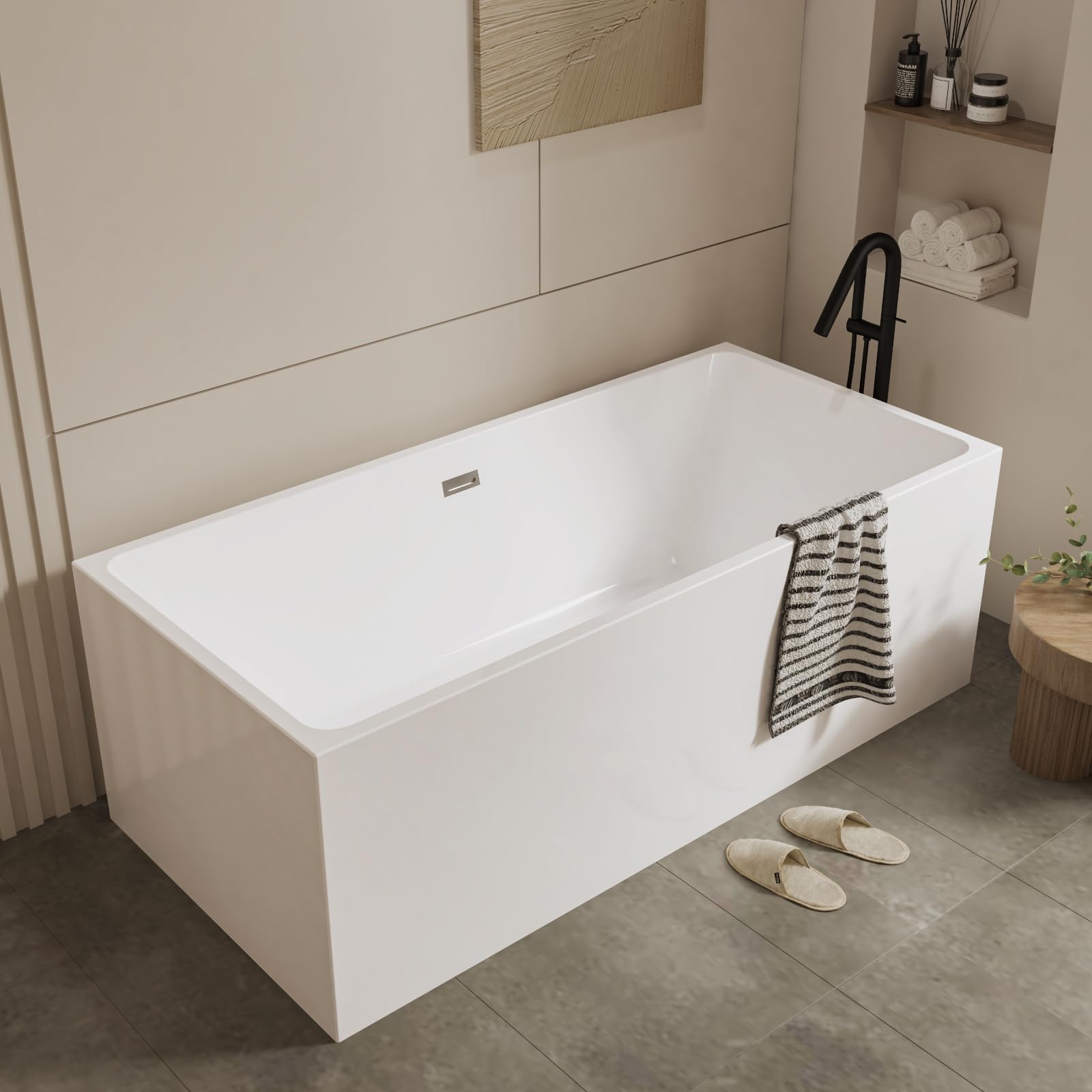 Acrylic Freestanding Bathtub 67", Modern Rectangular Soaking Tub, Glossy White, CUPC Certified, Easy Installation, Chrome Drain & Linear Overflow, Stand Alone Bath Tub