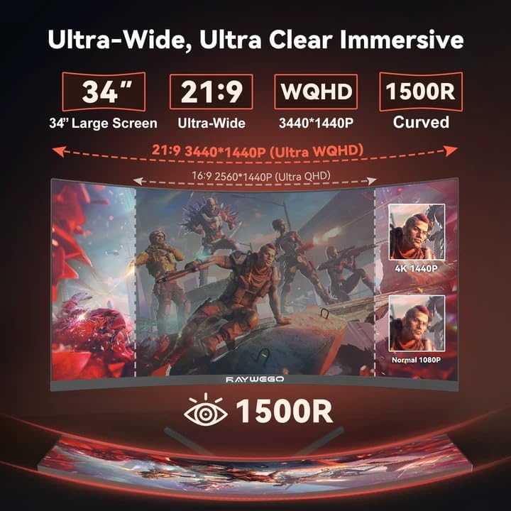 Raywego Ultrawide Curved Monitor comparing 21:9 WQHD 3440x1440 with 16:9 2560x1440 and 1080p, showing increased screen space and immersion.