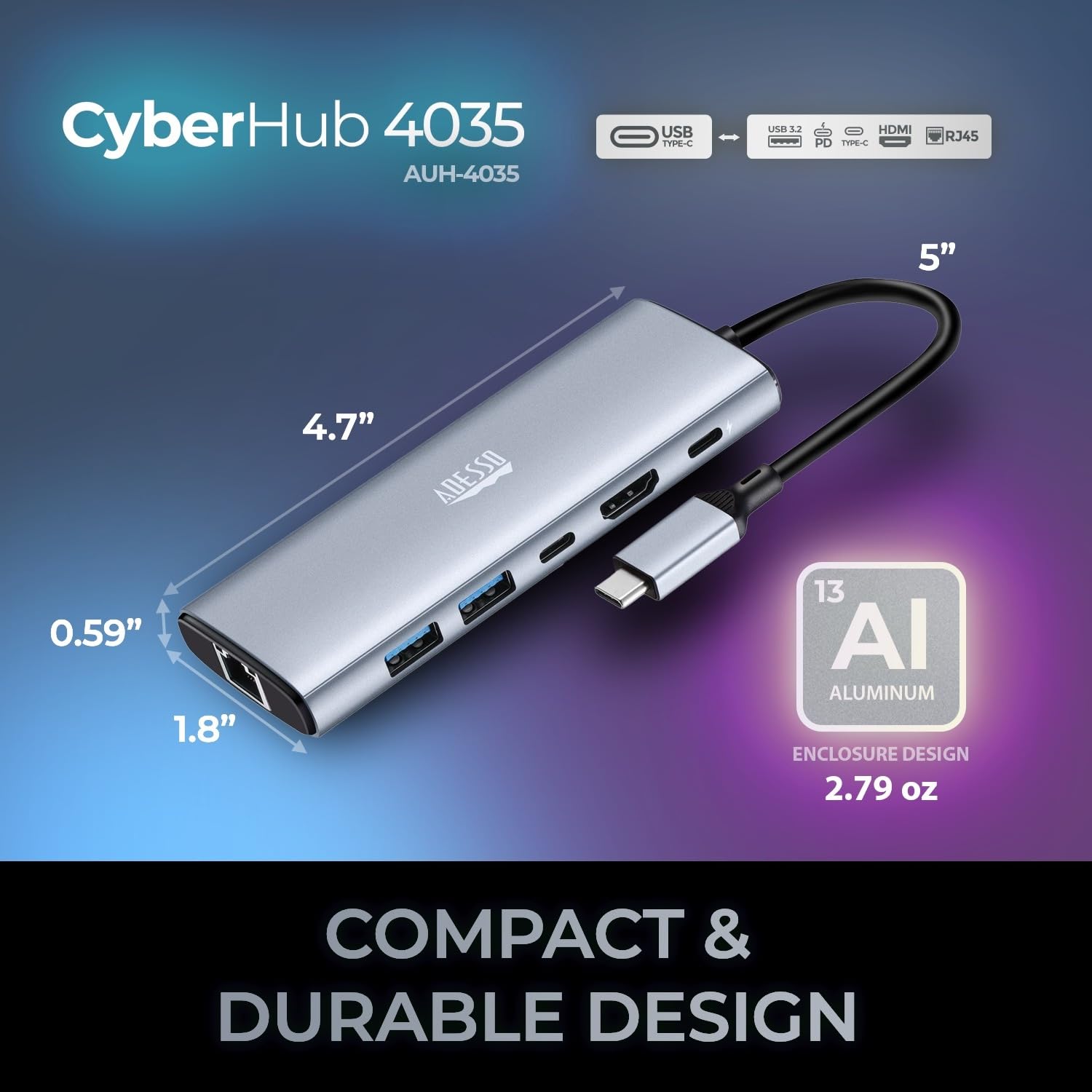Adesso AUH-4035 - Adaptador multipuerto USB C 6 en 1 compatible con 1 HDMI 4K, 2 USB-A 3.2, 1 USB-C 3.2, 1 RJ45 y 1 PD