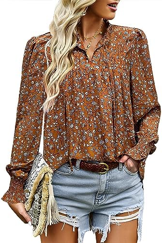 Hotouch Womens Long Sleeve Tops Boho Floral Printed Blouses Casual V Neck Pleated Drawstring Shirts