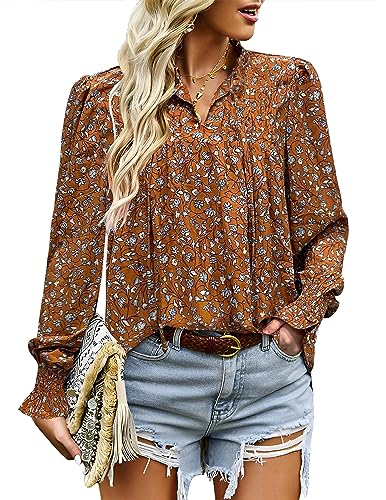 HOTOUCH Womens Long Sleeve Tops Boho Floral Printed Blouses Casual V Neck Pleated Drawstring Peasant Shirts