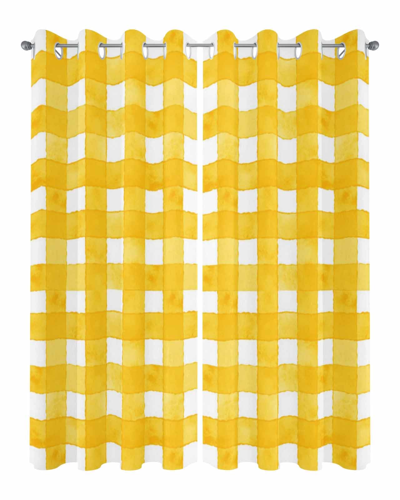 Waterproof Outdoor Curtains for Patio Porch, Retro Yellow Gingham Check Grommet Curtain Panel Windproof Outside Curtains Tieback, Abstract Watercolor Plaid Weighted Window Treatment Drapes