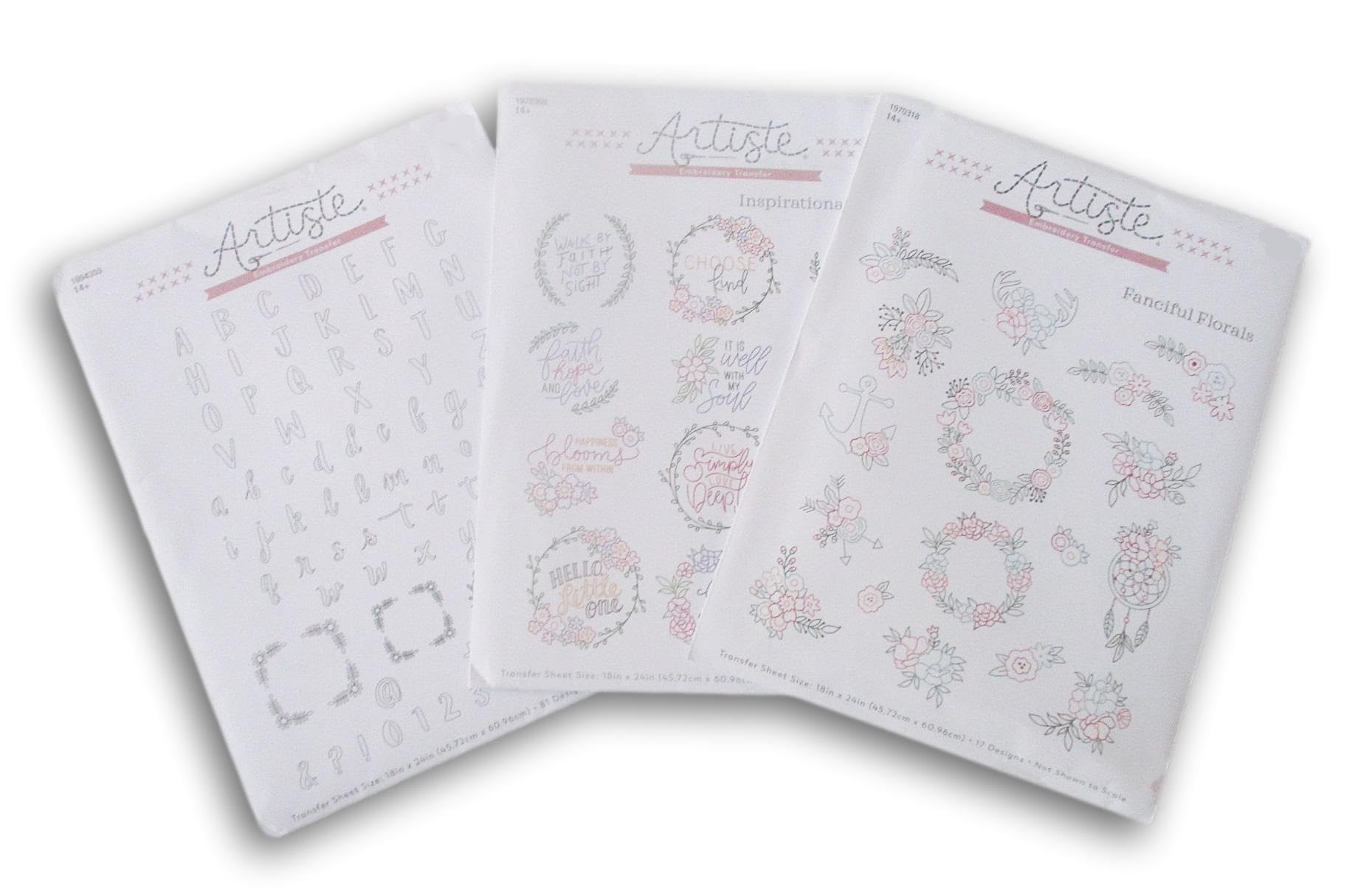 Embroidery Transfer Sheet Pattern 3-Pack Kit - Sketch Alphabet, Fanciful Florals, Inspirational Phrases