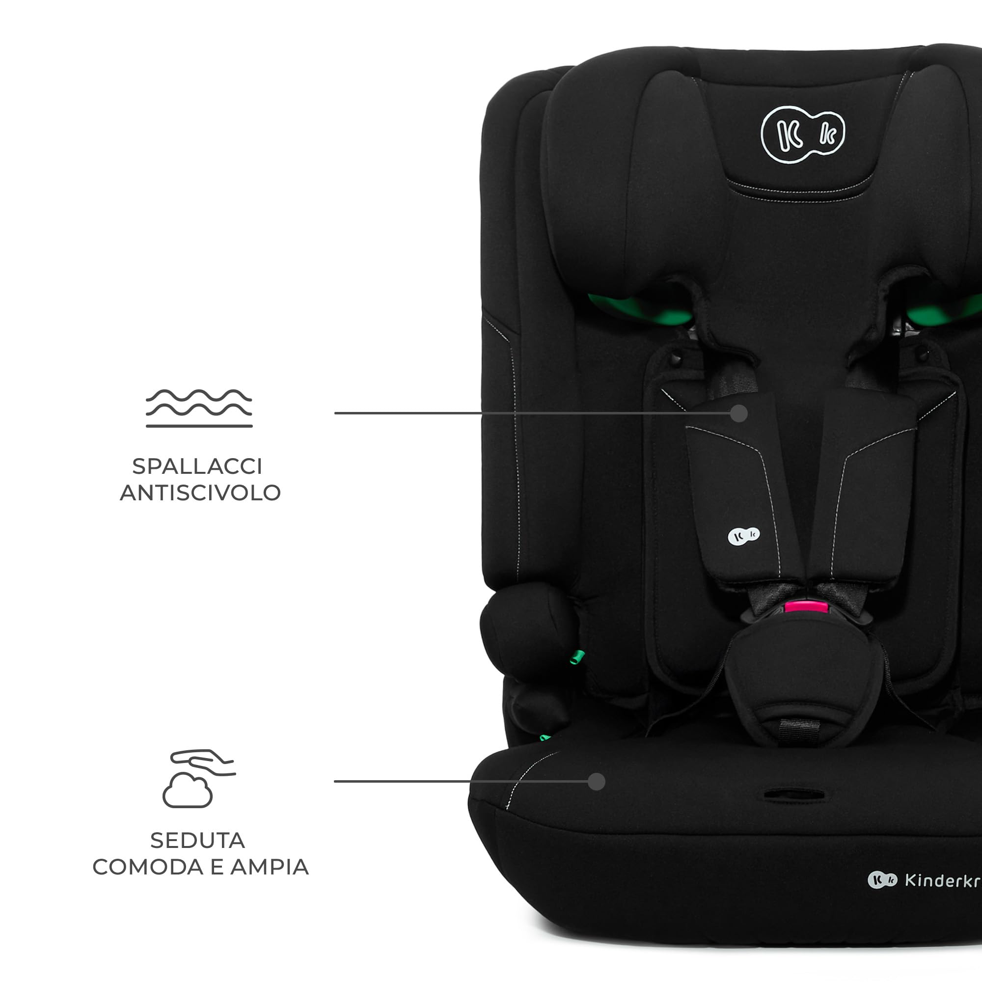 Kinderkraft I-COMFY, Seggiolino auto, Per bambini, Regolabile (76-150 cm), Schienale regolabile, Cintura di sicurezza a 5 punti, EASY GROW SYSTEM, Facile installazione, Nero