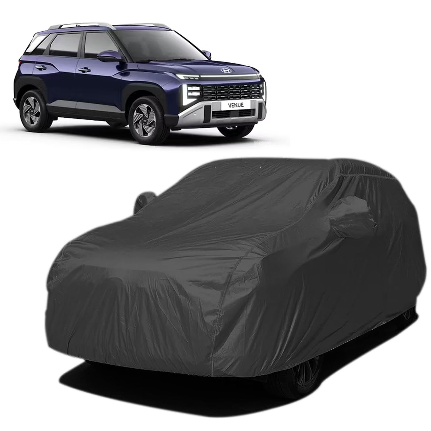 Car Body Cover Compatible with Hyundai Venue Facelift | Sun, Dust, Scratch Protection | 100% Waterproof Fabric (Black)-image-44