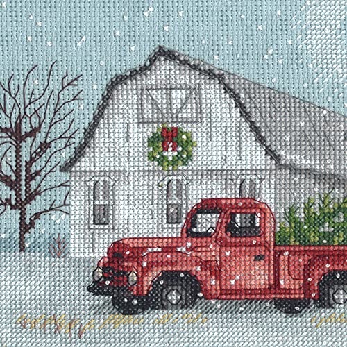 Image of Dimensions 70-08998 Winter Farm Christmas Counted Cross Stitch Kit, 18 inch x 6 inch, 14 Cnt. Blue Aida, 5pcs