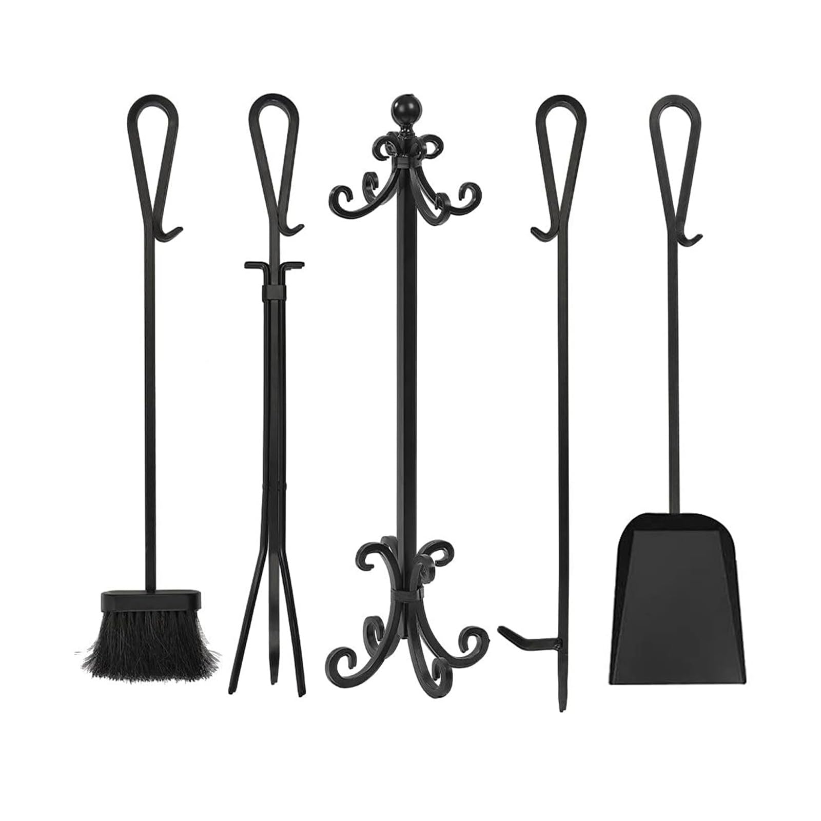 Set di attrezzi per camino, in ferro battuto resistente, set di 5 attrezzi per braciere con pinza, pala, attizzatoio e spazzola, per interni ed esterni, kit di accessori invernali