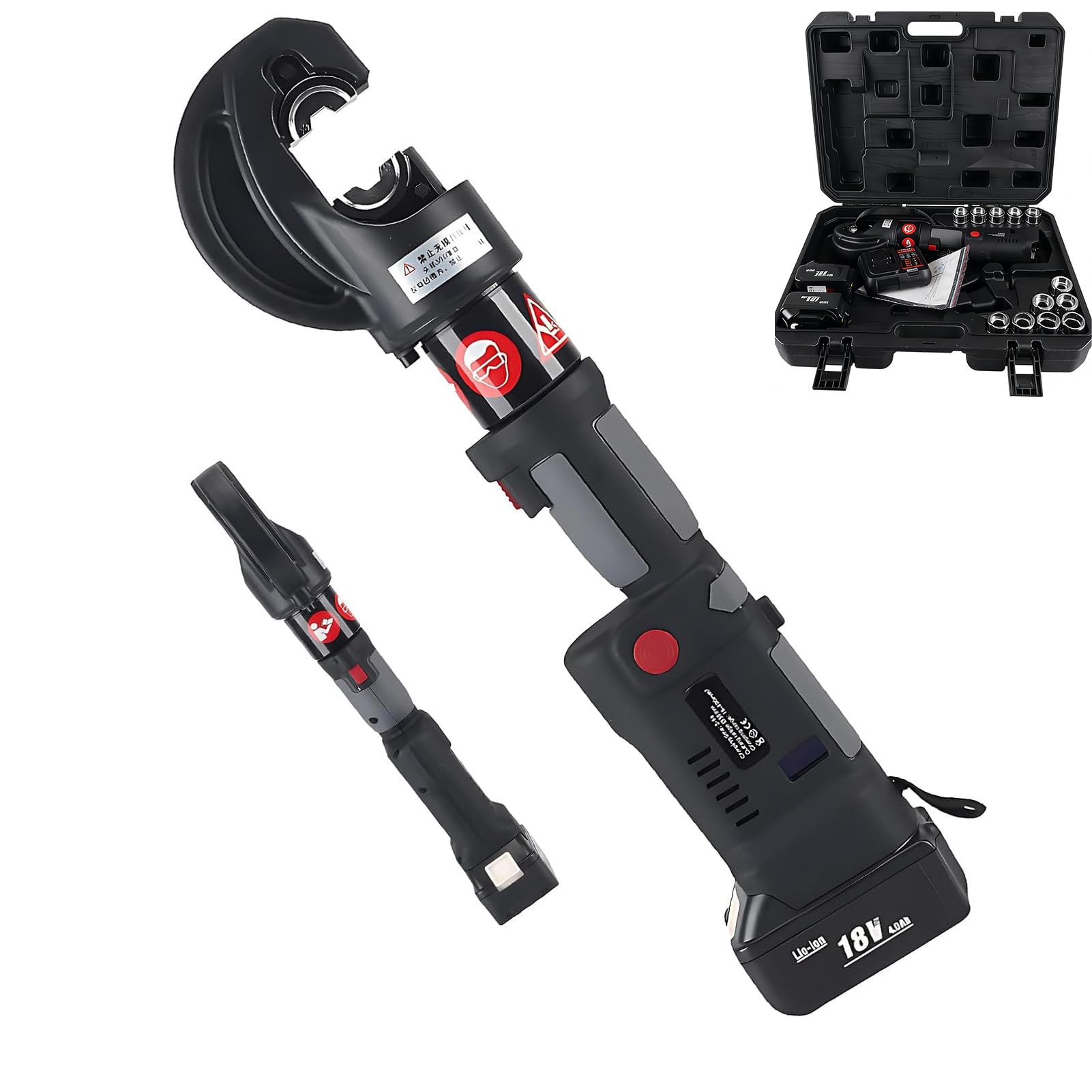 Prensa Multicapa Batería 18v︱Prensa Terminales Electricos con Reinicio Automático︱Rango 16–400mm²︱12 Troqueles Y Estuche︱Batería Extraíble con Indicador Digital Led