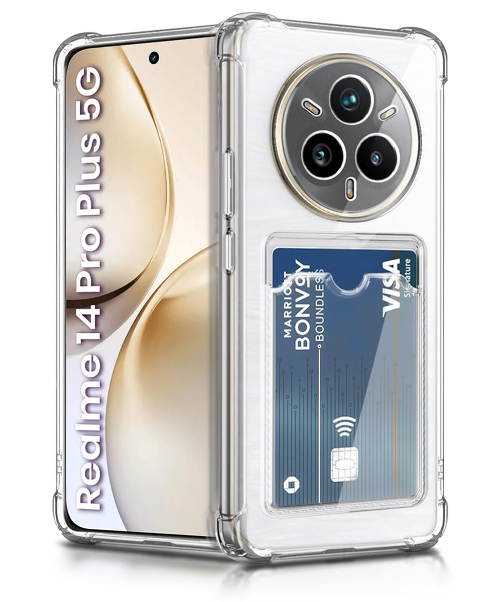WOW IMAGINE Transparent Back Cover Case for Realme 14 Pro Plus 5G | Flexible Built-in Slim Card Pockets Wallet | 360° Camera Protection TPU | Soft Silicone Mobile Cover – Transparent