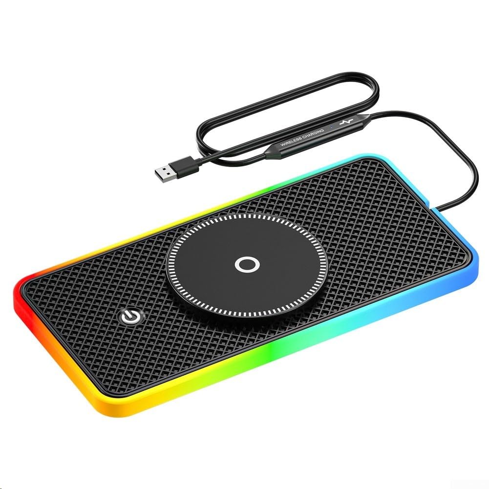 1 caricabatterie wireless per auto, 20 W, ricarica rapida con luce RGB, tappetino antiscivolo per iPhone per Android, supporto magnetico per cruscotto auto, ABS nero, uso domestico e auto (cavo