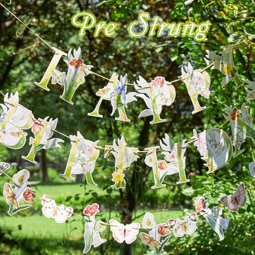 Image of SUNBEAUTY Wildflower Butterfly Happy Birthday Banner Spring Floral Birthday Decorations Pre-Strung Butterfly Flower Garden Decor for Girls Women Baby Shower Wedding Tea Party