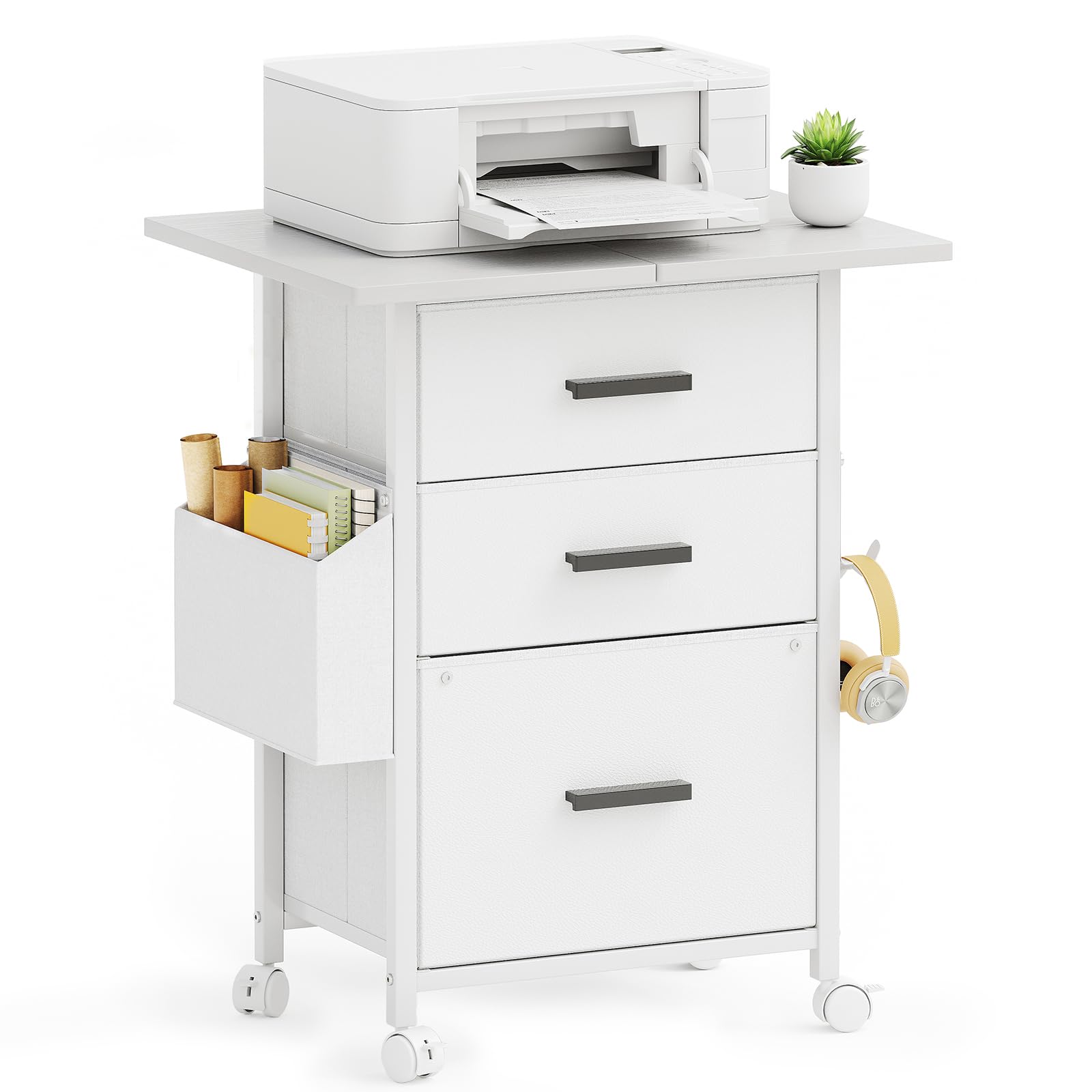 Photo 1 of Mexin 3 Drawer File Cabinet with 22'' Extended Desktop, Mobile Filing Cabinet, Printer Stand, Rolling Printer Stand with Side Bag, Fabric Drawer, Fits A4 Size, Home Office, White