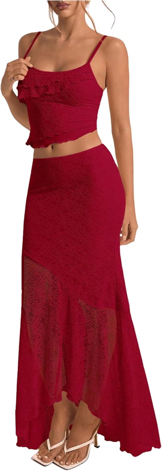 GORGLITTER Women's Two Piece Maxi Skirt Sets Summer Outfits Going Out Lace Asymmetrical Long Skirt and Crop Top Set