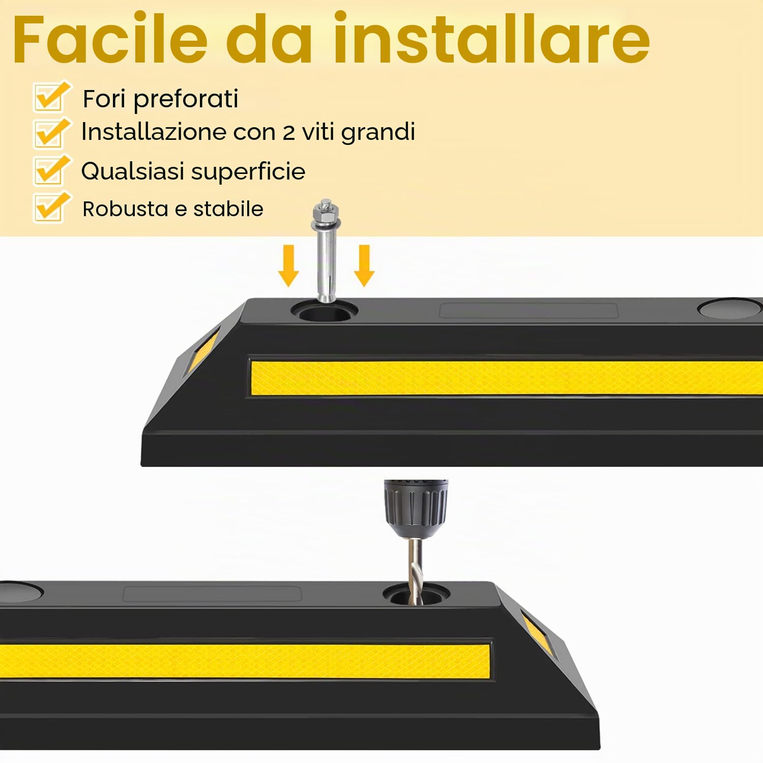 Fiqops 2 fermi ruota in gomma con strisce riflettenti gialle, 54 x 15 x 10 cm, limitatore parcheggio, fermaporta con vite estensibile, barriere parcheggio per parcheggio garage