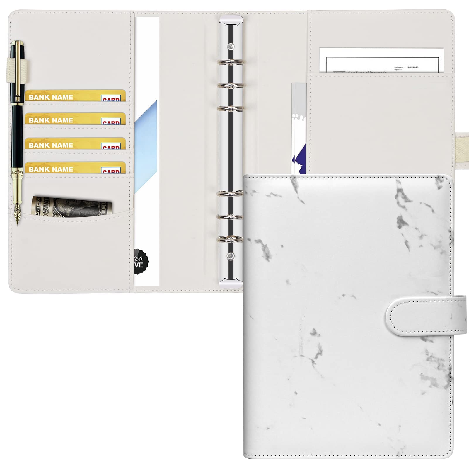 A5 Binder, Leather A5 Binder, 6 Ring Binder Planner Notebooks Portfolio with Document Sleeve/Card Holder/Pencil Holder for A5 Filler Paper (No Paper) Marble