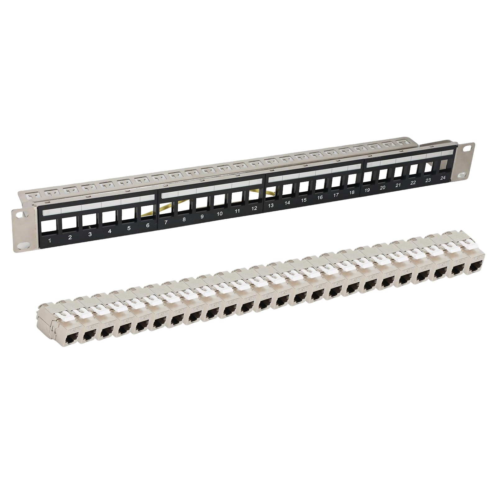 Panneau de brassage CAT7 24 ports, panneau de distribution, montage en rack 19", 24 modules Keystone Cat7, réseau LAN RJ45 blindé, 10 Gbit/s 600 MHz