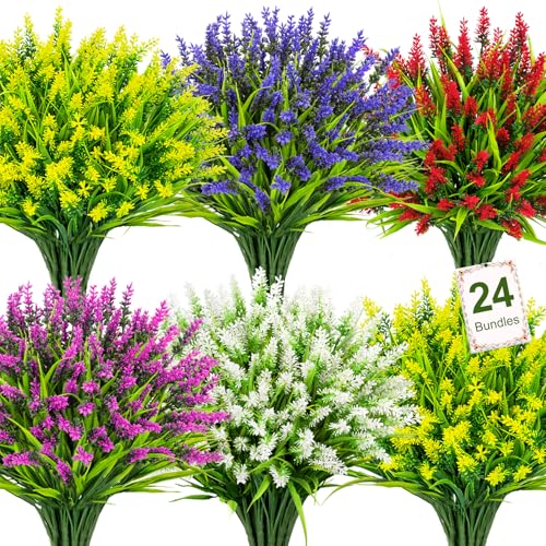 Bassion 24 Bundles Artificial Flowers for Outdoors Fake Lavender Mixed