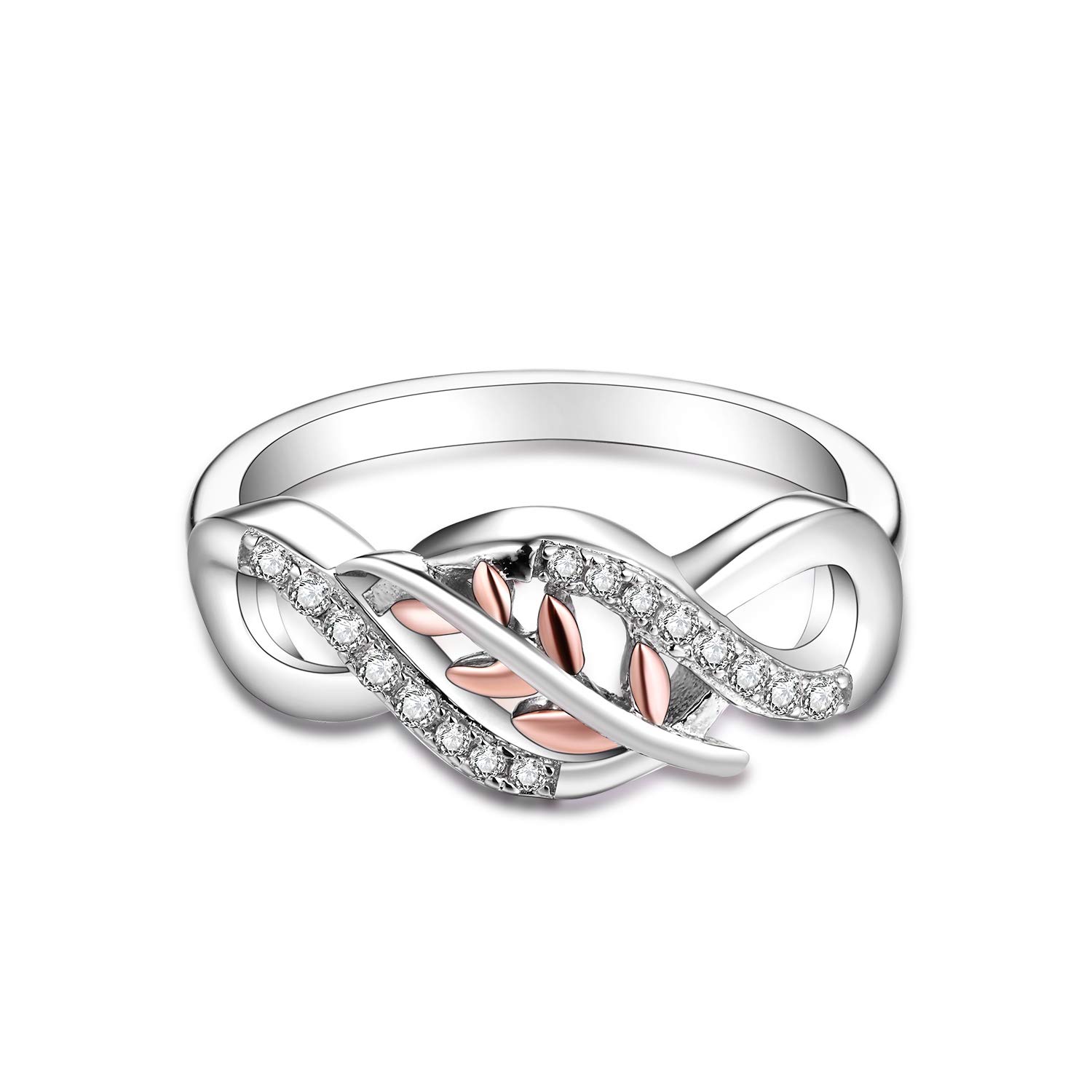 JO WISDOM Damen Ring 925 Sterling Silber Infinity Unendlichkeit Blatt Ring Herz schliff 3A Zirkonia mit zweifarbiger Farbbeschichtung, Roségold und Weißgoldbeschichtung,Schmuck für Frauen