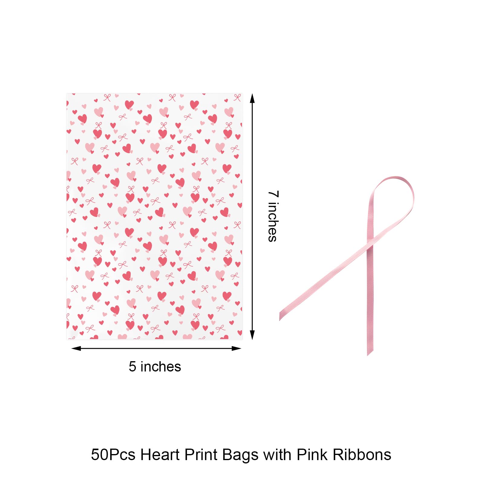 EKAPACKAGING 50Pcs 5x7 Inches Cellophane Treat Bags with Pink Ribbons, Pink Heart Pattern Gift Bags, Small Valentine's Day Goodie Bags for Candy, Marshmallow Pops, Cake Pops, Party Favors