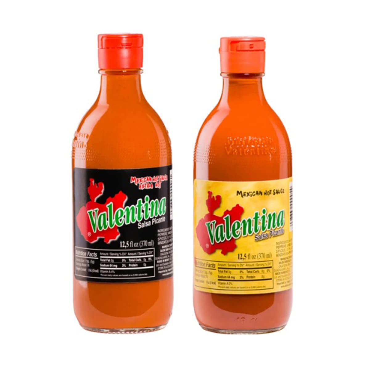 BOEMY Pack de 2 Salsas Valentina – La Original Valentina de México 370 ml. c/u, Amarilla Picante y Negra Extra Picante - la combinación perfecta para tus Snacks