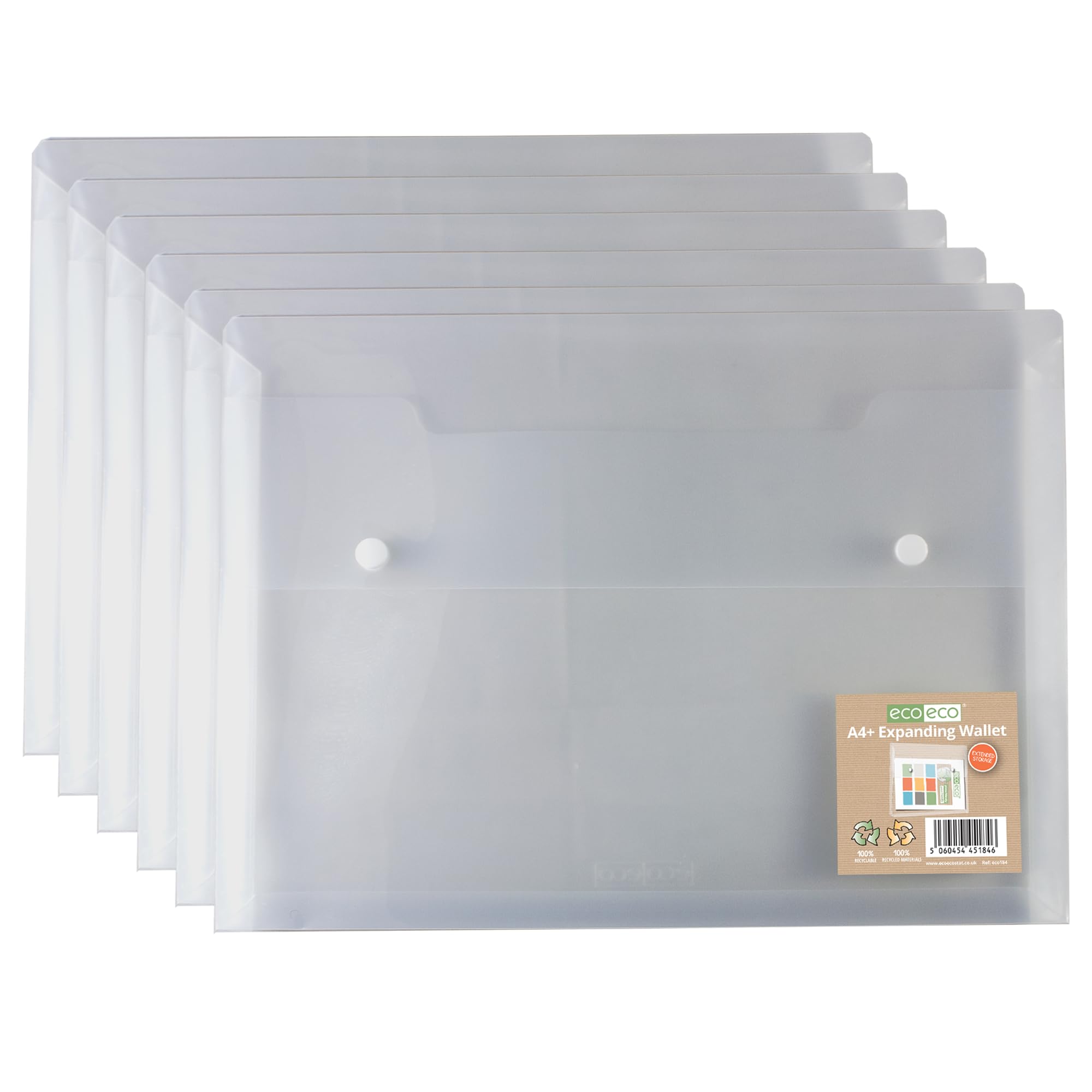 eco-eco A4 100% Recycled Clear Transparent Twin Press Stud Popper Wallet, Expandable Wallet Folders 330x240mm, 300mic, Pack of 6, eco184x6