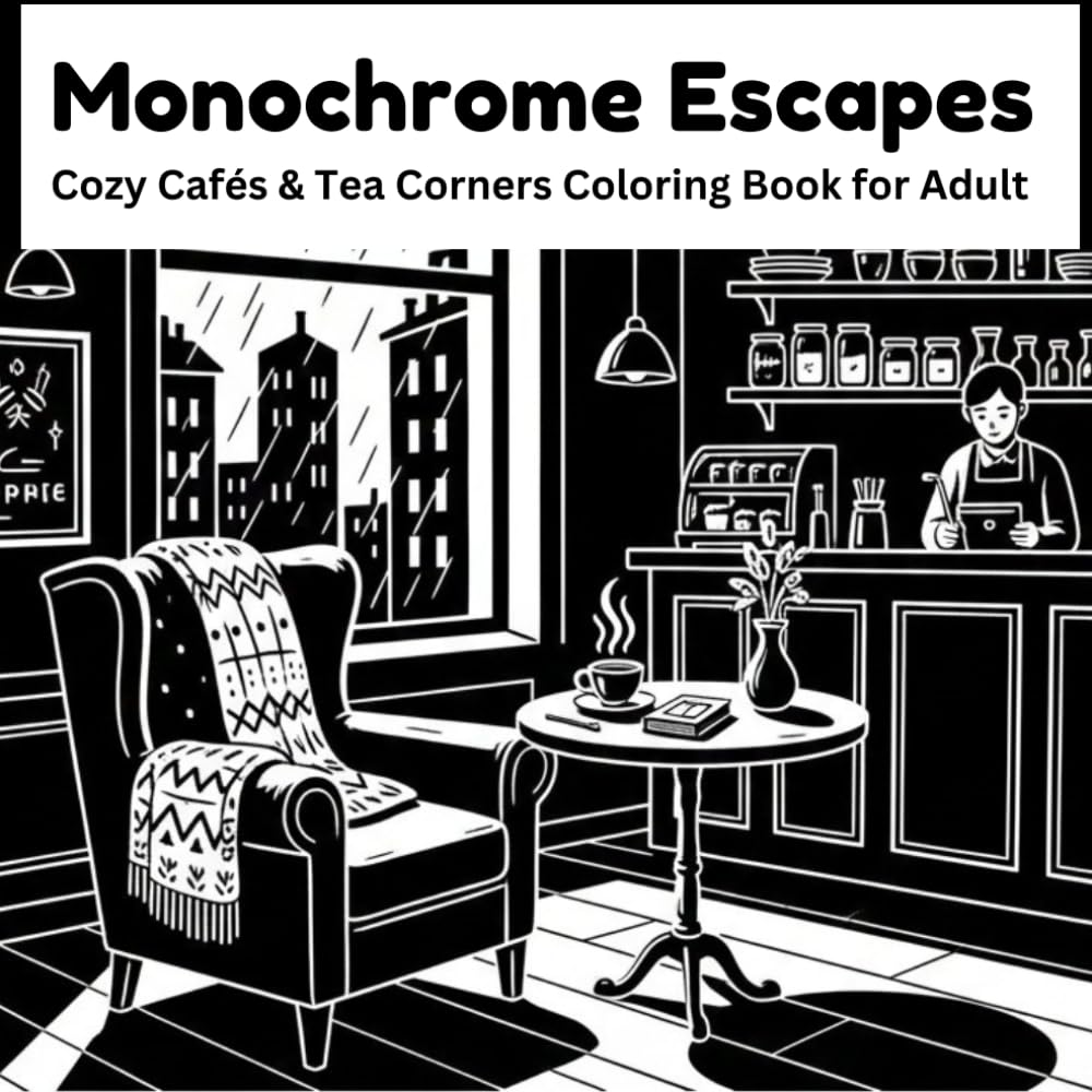 Monochrome Escapes: Cozy Cafés & Tea Corners Coloring Book for Adults – Relaxing Black & White Coffee Vibes, Bold Comic Line Art, Stress Relief, ... Line Art of Coffee, Cozy Cafés, Tea Corners