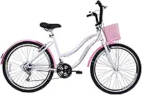 Bicicleta Feminina 26 Beach Retrô Branca de 18 Velocidades com Aros duplos, Pneus Slik, Paralamas e Cesta Rosa - Dalannio Bike