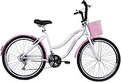 Bicicleta Feminina 26 Beach Retrô Branca de 18 Velocidades com Aros duplos, Pneus Slik, Paralamas e Cesta Rosa - Dalannio Bike