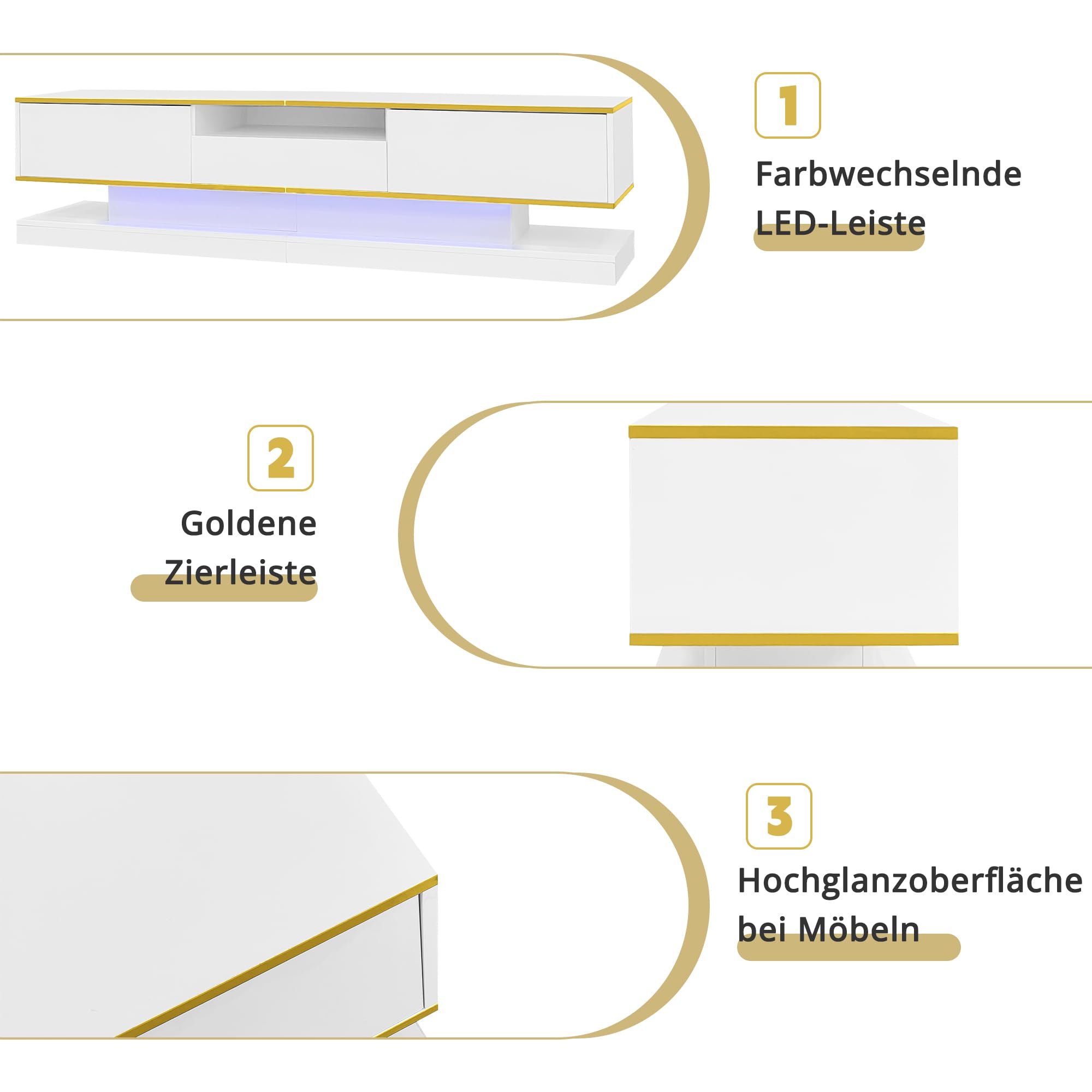 TV Schrank Länge 180 cm für Fernseher bis zu 75 Zoll, Lowboard mit Farbwechselnden LED Leuchten und 3 Schubladen, Fernsehschrank mit 1 Offenen Fach, Wohnzimmer Möbel TV Board, Weiß