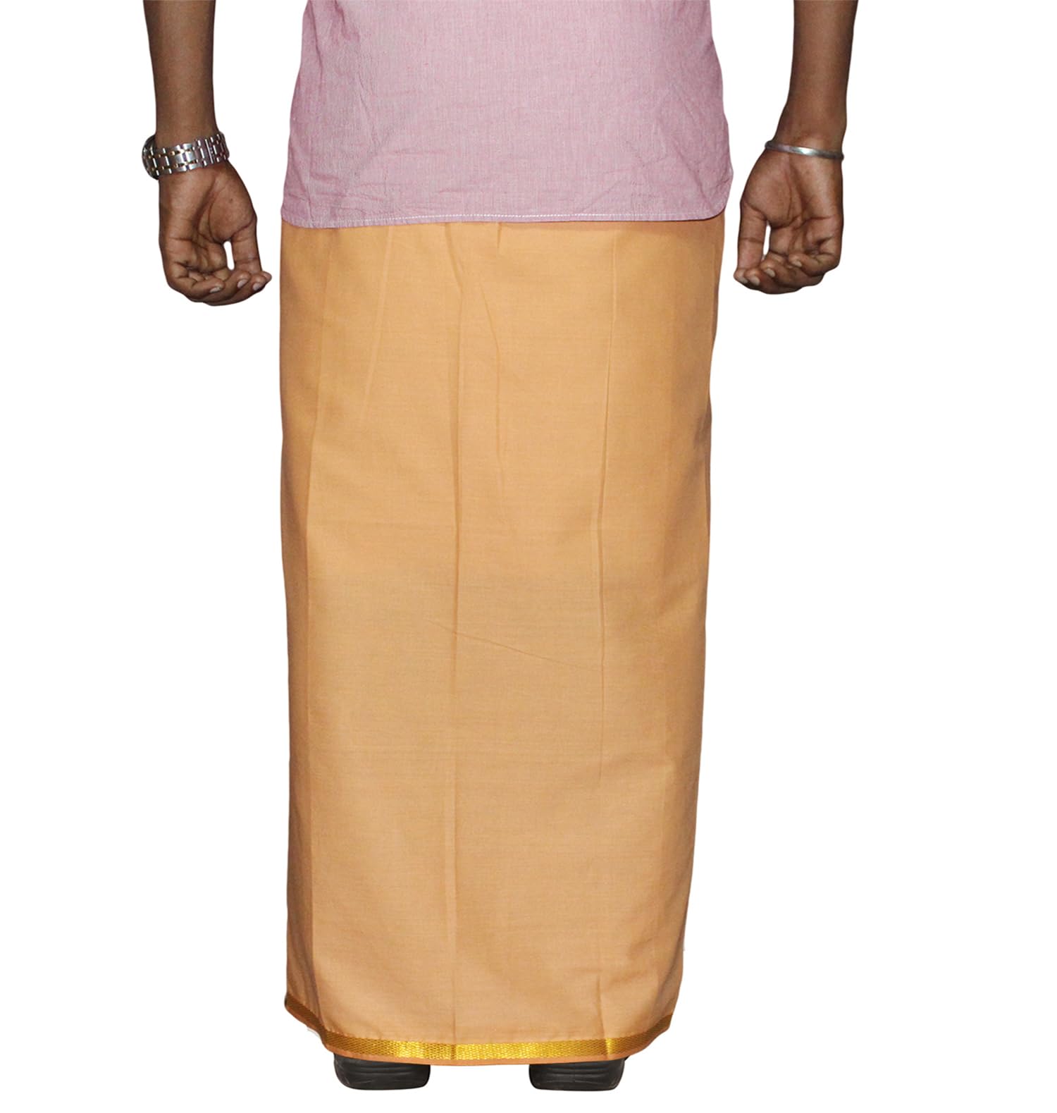 Prakasam Cotton Men's Single L.Kaavi Colour Fine Quality Welcro Pocket Jari Dhoti With Matching Jari Towel (Hip Size -44)