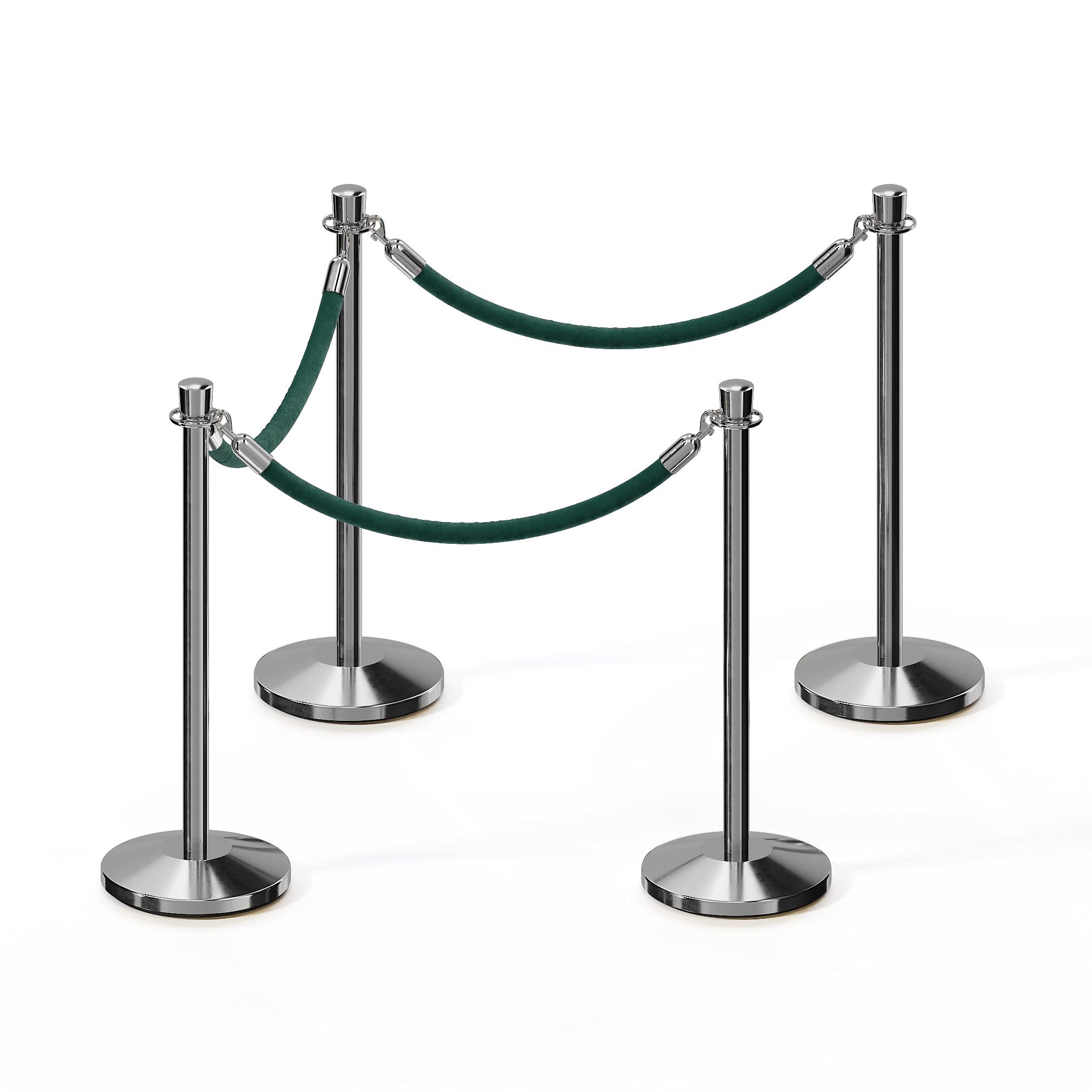 CCW Post and Rope Stanchion Kit with 4 Polished Stainless Steel Crown Top Posts and 3 Green Heavy Duty Velvet Cotton Core Ropes (6ft.Each) in Polished Stainless Snap Ends