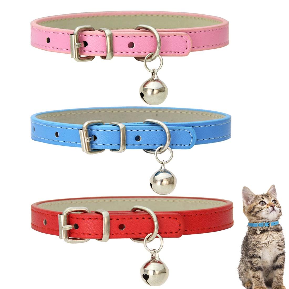 SULIUDAJI Collar Gato de Cuero con Cascabel - Collar Elástico para Gatos Cierre de Hebilla de Seguridad