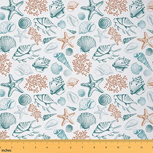Ocean Upholstery Fabric by The Yard Coastal Beach Ocean Reupholstery Fabric for Chairs Starfish Shell Seaweed Print Decorative Waterproof Outdoor Fabric 2 Yards (L184*W150cm)