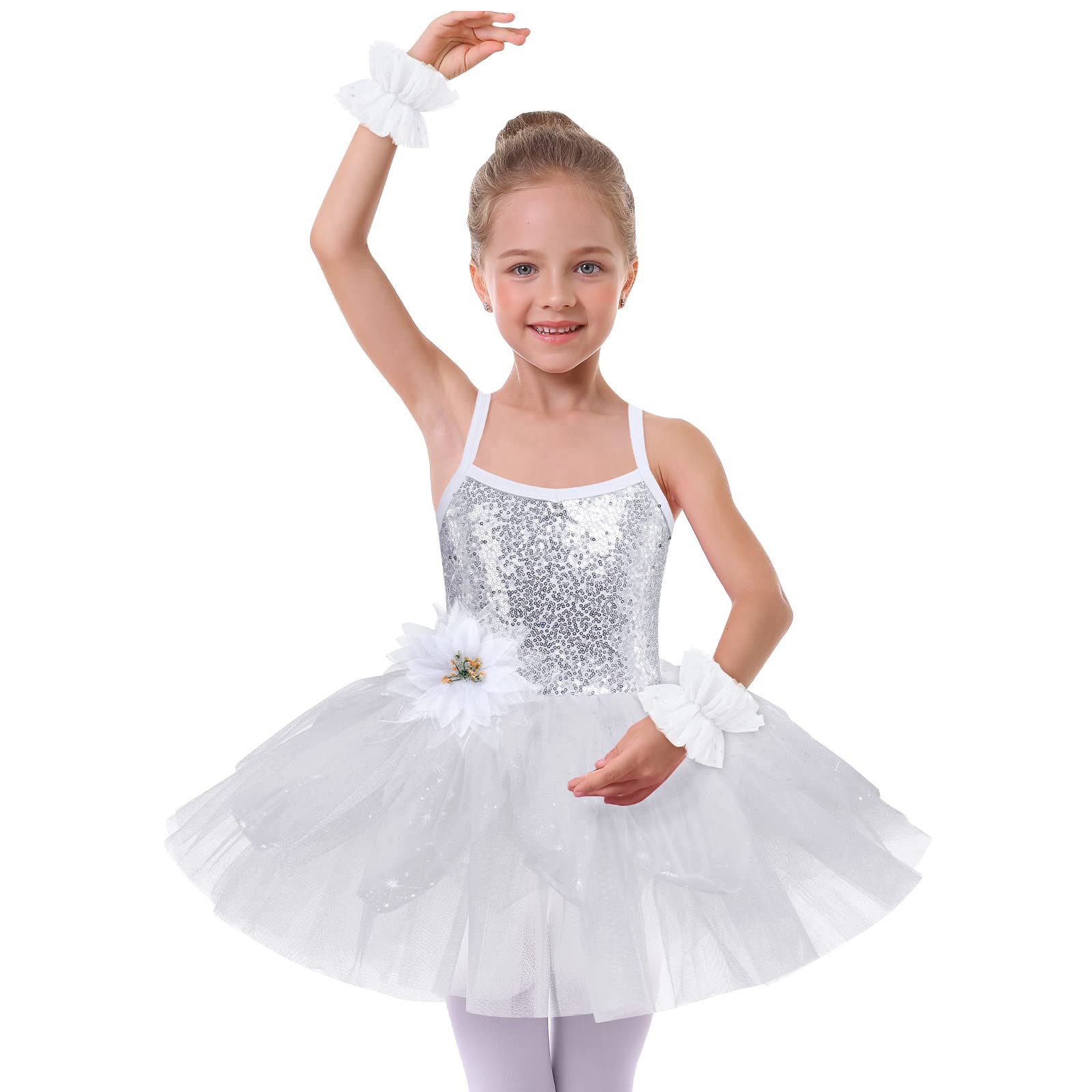 Ballet Leotard for Girls - Ballerina Outfit With Shiny Sequins Tutu Dress, Gymnastic Leotard, Skirt - Toddler Costume White (3PCS) 7-8T