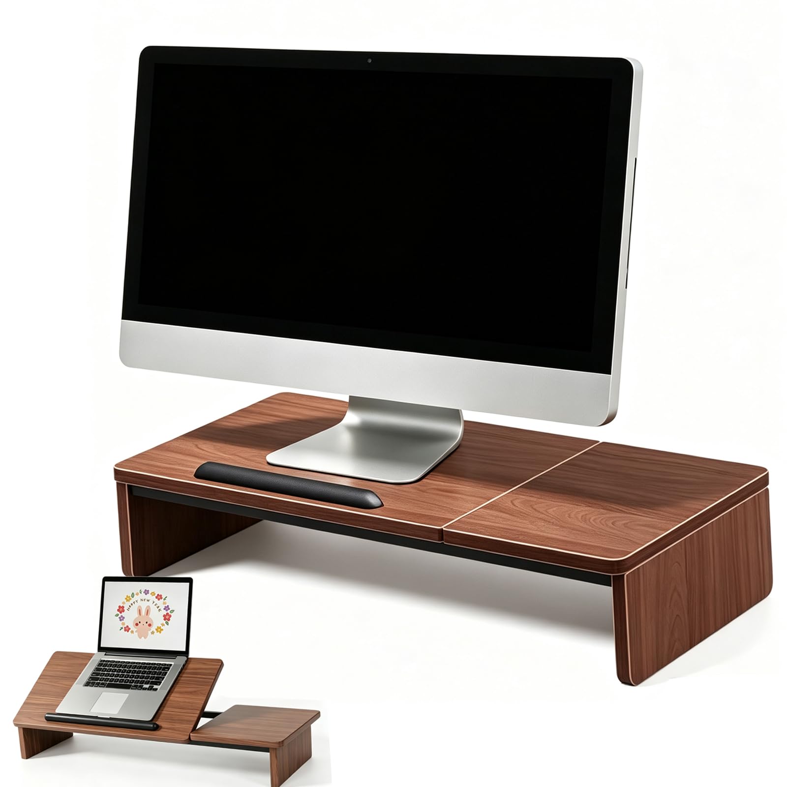 Supporto per computer portatile regolabile in altezza a 5 livelli, 2 in 1, con ripiano separato, supporto per laptop in effetto legno, supporto ergonomico per notebook per casa e studio, 51,5 x 24 cm