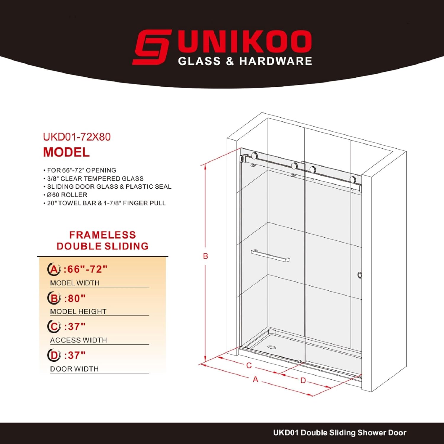 UKD01 66 to 72 in. W x 80 in. H Double Sliding Frameless Shower Doors - Stainless Steel 3/8" (10mm) Certified Tempered Glass 72x80-TT-BN