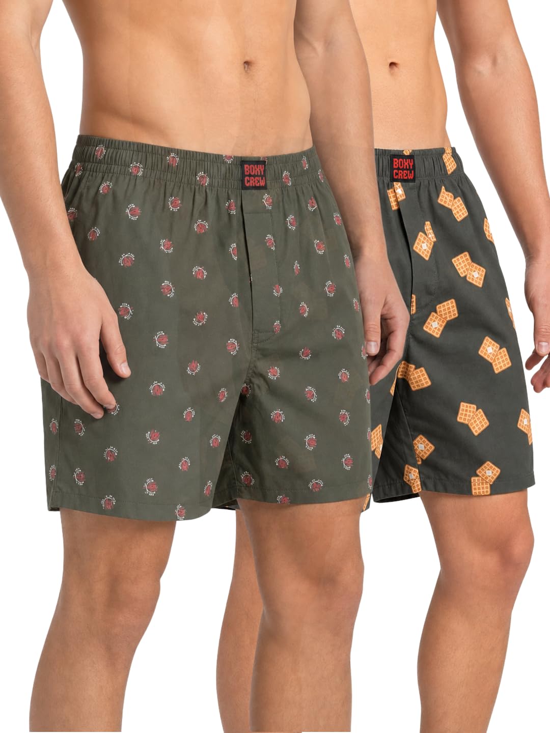 Men's 100% Cotton Printed Boxer Shorts Pack of 2 with Dual Side Pockets and Fabric-Covered Waistband - Olive/Brown, Styles MBX026, MBX030-picture-48