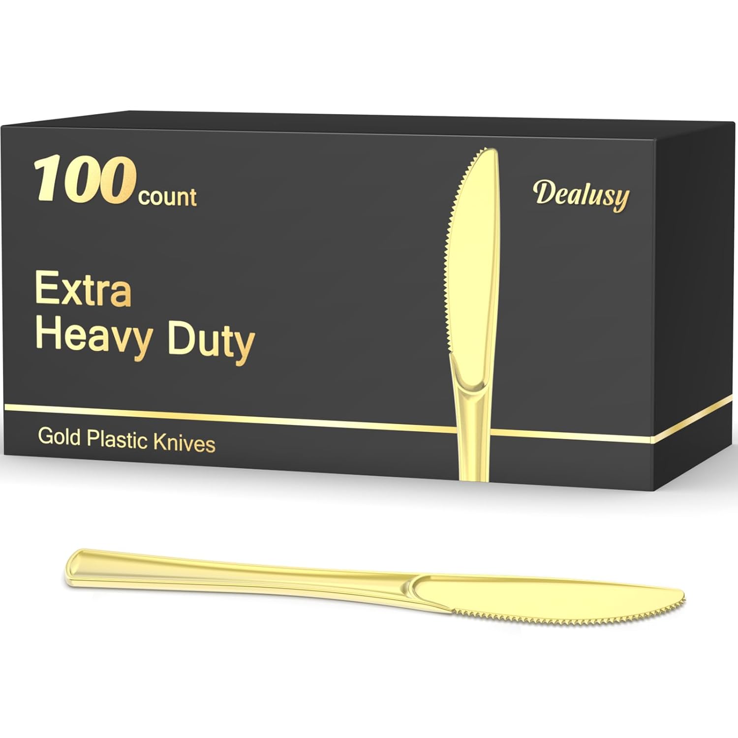 100 Count Heavy Duty Gold Plastic Knives Disposable BPA-Free Heat Resistant Solid and Durable Premium Plastic Disposable Knives