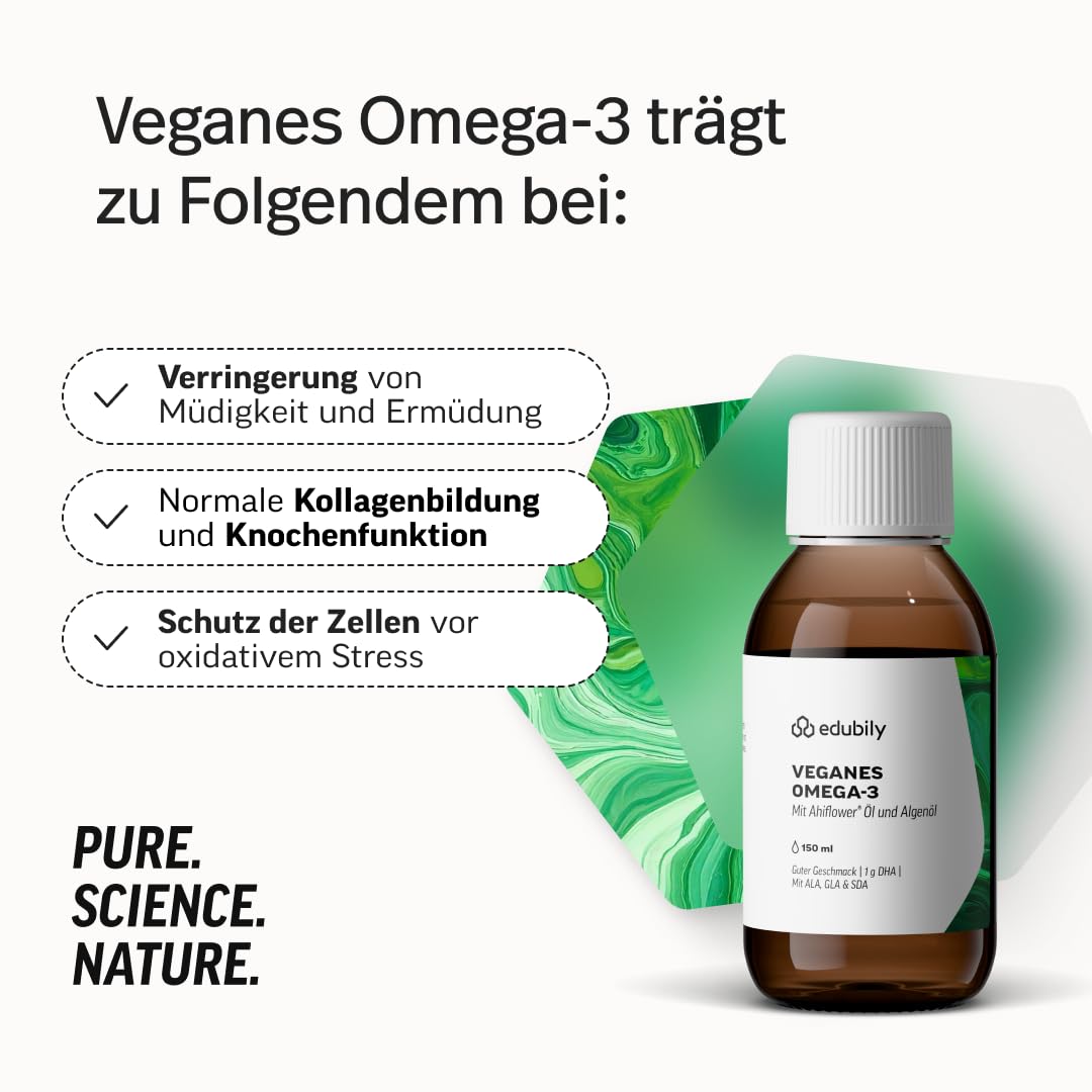 edubily Oméga 3 végétalien à base d'huile d'Ahiflower, d'huile d'algues et d'huile de lin - Source végétalienne DHA et ALA - 3,33 g d'oméga-3 par dose quotidienne - Arôme citron (150 ml)