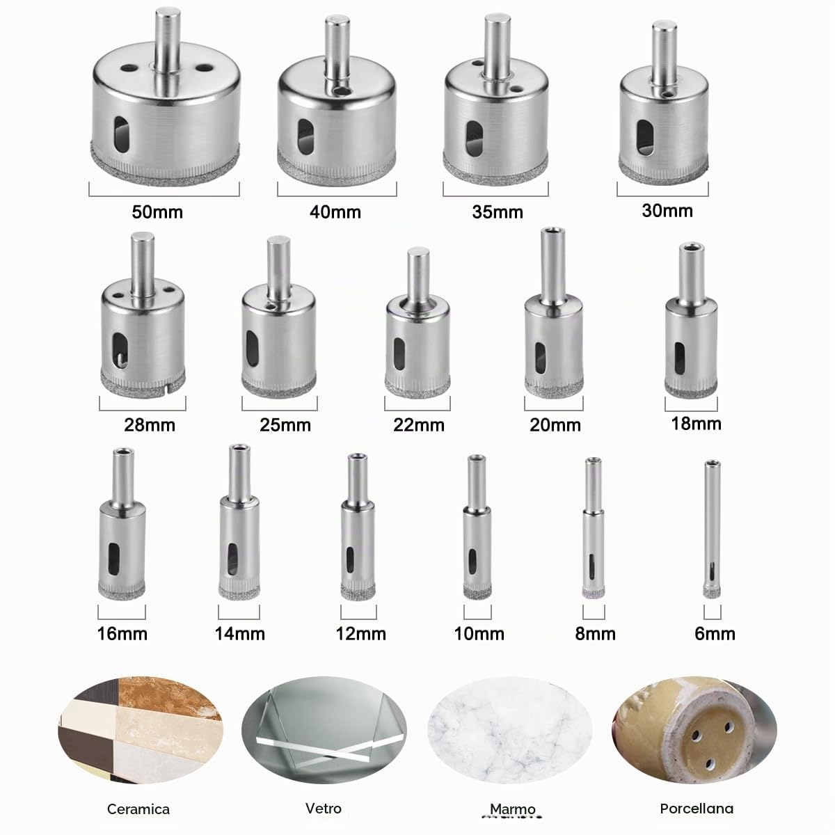 Flintronic Set di Punte Diamantate, 15 Frese a Tazza Diamantate Professionale Rivestimento di Diamante, per Vetro/Piastrelle/Ceramica/Marmo/Porcellana, Acciaio al Carbonio 8mm-50mm……