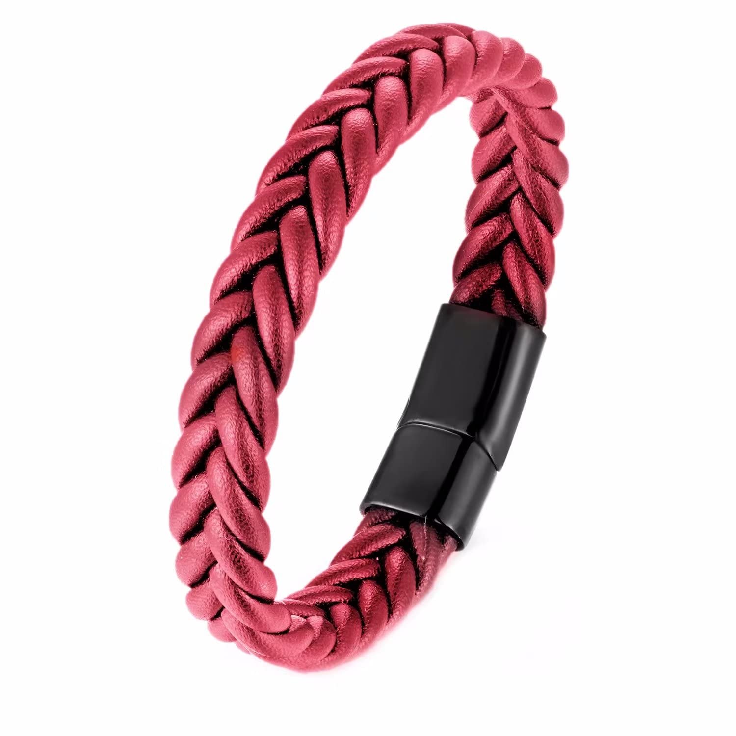 BIYONGDE Handmade Braided Leather Bracelet, Black Stainless Steel Clasp, Mens, Cool Classic Stylish