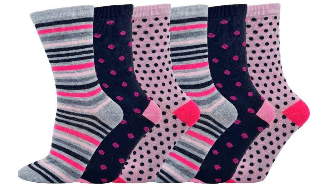 Ladies Womens Ankle Socks Cotton Rich Funky Design Multipack Of Pinks - 6 Pairs Size 4-8 (UK, Numeric, 4, 5, Regular, Regular, Pink Black Grey)