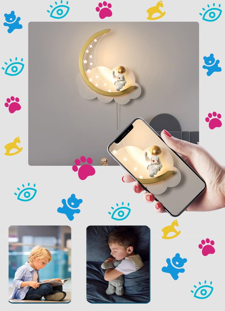 Aplique Pared LED Regulable con Interruptor Lámpara de Pared Nubes Interior LED para Habitación Infantil Luces de cabecera Astronauta Luna Luz de Pared Con Enchufe y Cable Dormitorio Regalos Niños