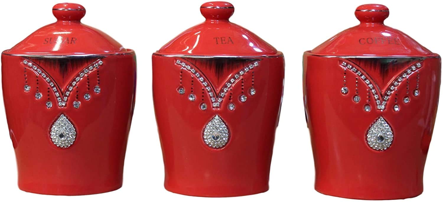 TEA SUGAR COFFEE CANISTER JAR STORAGE SET OF 3 WITH SPARKLING CRYSTAL DIAMANTE ELEMENTS (RED)