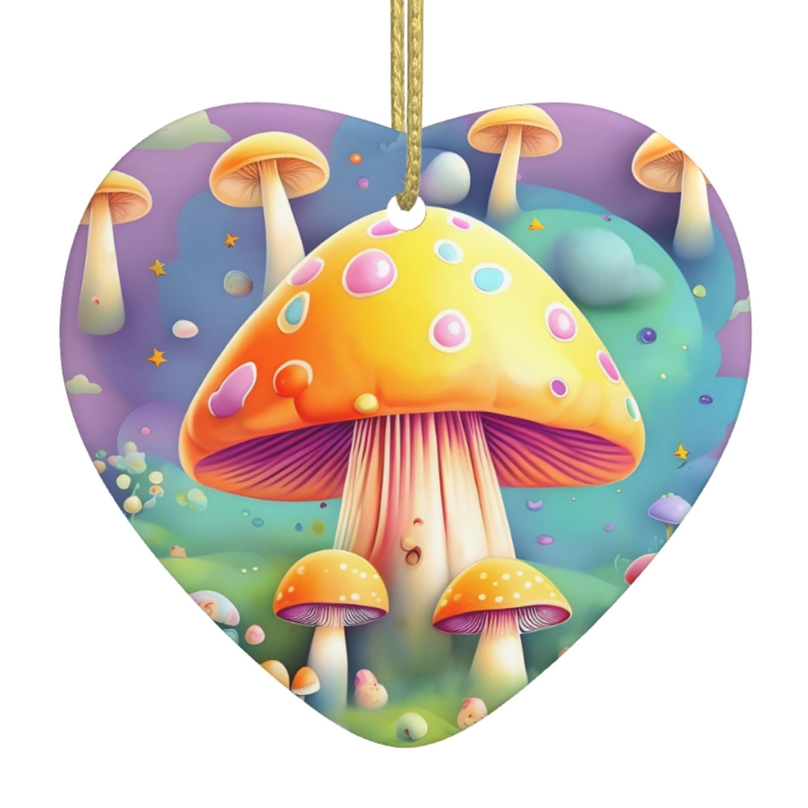 Fantasy Dream Mushroom Ceramic Christmas Heart Pendant with Silk Thread, Christmas Tree Home Decoration
