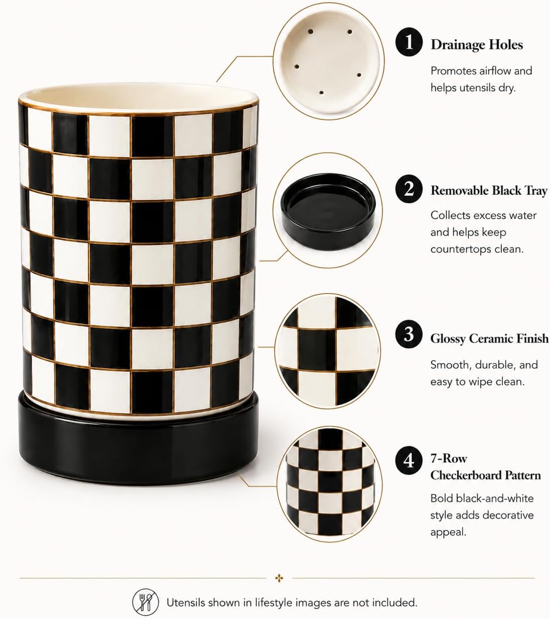 Checkered Ceramic Kitchen Utensil Holder for Countertop with Tray,Black & White Checkered Utensil Holder Set,Stylish Checkered Kitchen Decor & Organizer (Black)