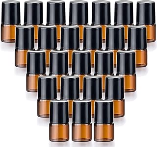 25 Pack 1ml (1/4 Dram) Colorful Glass Roll On Glass Bottles for Essential Oils,Empty Glass Vial with Stainless Steel Roller Balls Perfume Aromatherapy Travel Roll On Container-5 Color Options (Amber)